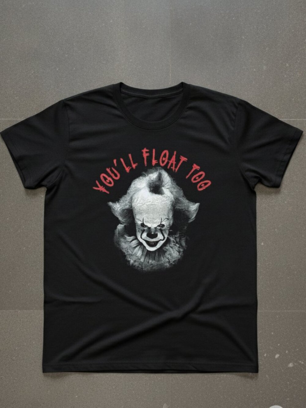 Horror Clown Graphic T-Shirt, “You’ll Float Too” Black Tee, Spooky Halloween